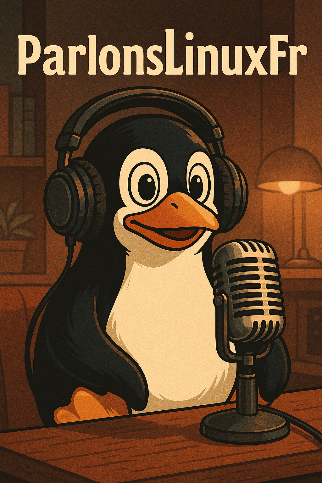 illustration d'un manchot avec un casque et son micro avec le nom du podcast ParlonsLinuxFR écrit dessus