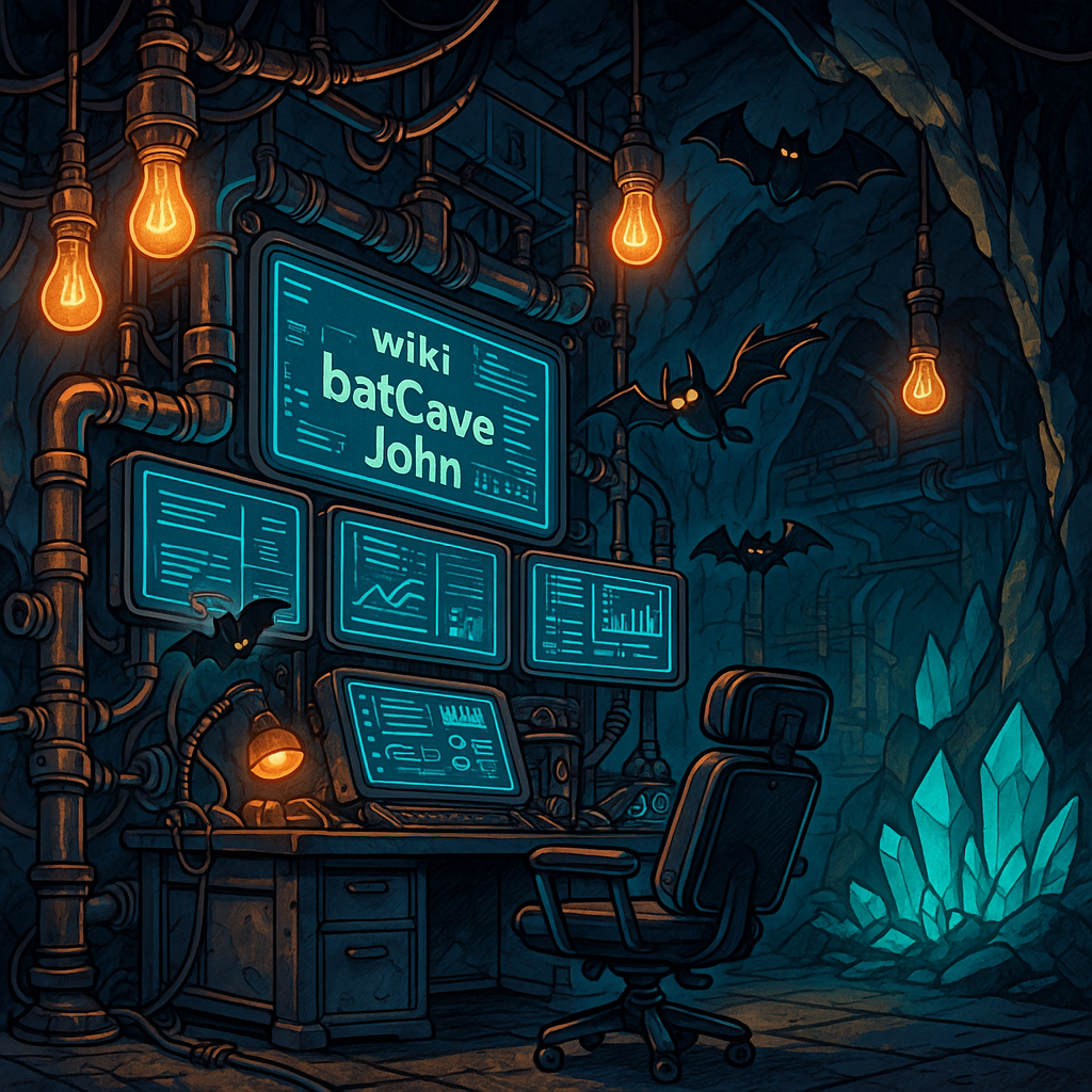 illustration d'une batcave avec le nom du wiki écrit dessus